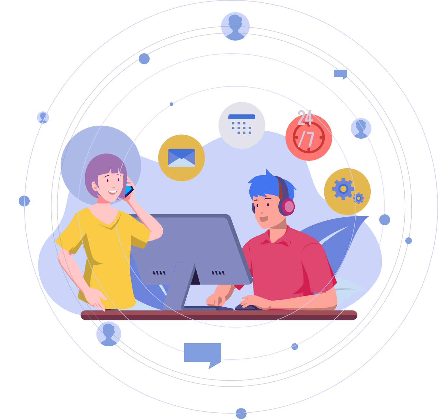 Man with headphones working on a computer, next to a woman on the phone